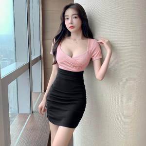 ELF TRIBE Đầm Ôm Sát Cổ Thấp Mới Cho Nữ Đầm Ôm Hông Cá Tính Phối Màu Gợi Cảm Trang Phục Công Sở Tiệc Tùng Quán Bar