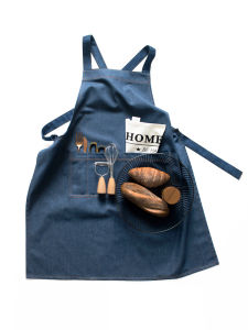 Simple Cross-Strap Denim Apron with Logo Print for Baking And Kitchen Work Non-Disposable One Size Fits All Handmade Overall
