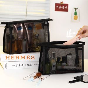 New Large Capacity Black Mesh Cosmetic Bag 3 Sizes Transparent Travel Storage Case Portable Makeup Pouch Toiletry Organizer