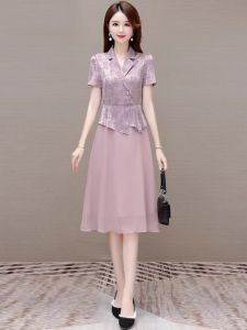 MAIMEI | Elegant Formal Occasion Shawl Collar Chiffon Cheongsam Dress Summer High Rank Lady Fake Two-Piece Set Dress Middle Waist Short Sleeve