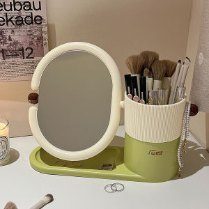 Rotatable Desktop Makeup Mirror with Brush Storage Cylinder Pink Girl Style Korean Fashion Cosmetic Mirror for Female Students