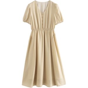 Toyouth | Đầm Maxi Dáng A Elegance Cổ V Tay Puff Ép Eo