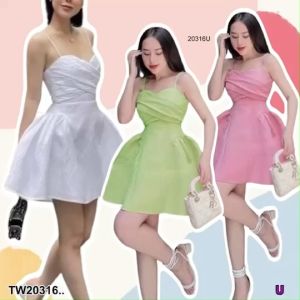 TW20316 เดรสสั้นสายเดี่ยวจับจีบอก สมอคหลัง กระโปรงทรงบาน ..