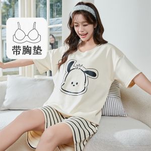 Tagkita Spring-Summer 2024 Womens Pajamas with Built-In Chest Pad Short Sleeve Long Pants Cotton Blouse Set for Youth