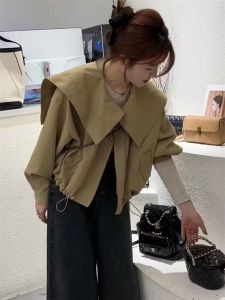 Naval Collar Short Jacket Womens Fashion Spring Autumn Loose Versatile High-End Feeling Top Pure Color Commute Style