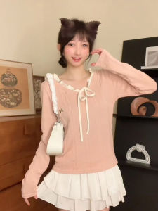 Sweet Soft Style Womens Long Sleeve V-Neck Knitted Top with Butterfly Knot Twist Polyester Spandex Blend Commute Fashion