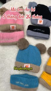 Mũ len kèm khăn cổ cho bé sơ sinh họa tiết 2 quả bông cực đáng yêu cho bé từ 5-18 tháng | Nón len cho bé trai bé gái