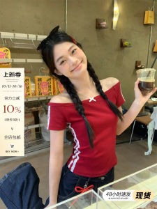 Red One-Shoulder Striped T-Shirt Womens Summer Slim Fit Butterfly Knot Exposed Shoulder Spicy Girl Top Sung Zhengen Brand