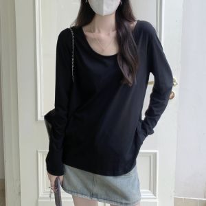 Spring Autumn Thin Cotton Long Sleeve T-Shirt Womens Lazy Style Loose Fit Large round Neck Pure Color Simple Bone Top