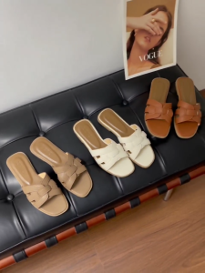 YOTO Sandals For Women Casual Leather Cross Three Straps Design Korean Style Slip On Flat Slippers