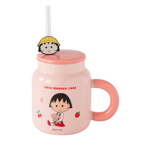 Yomerto | Cute Cherry Pattern Ceramic Straw Cup With Lid