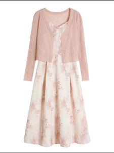 Blue Language plus Size Womens Dress New Chinese Style Button Print Strap Knitted Cardigan Summer Two-Piece Set City Style Long Sleeve