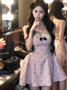 Summer Pure Desire Butterfly Knot Lace Print Strap Dress Womens Slim Fit No Chest Pad Short Skirt High Waist A-Line Puffy Skirt