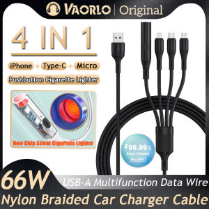 VAORLO 6A 4 IN 1 Multifunction Fast Charging Cable Car Phone Usb Lighter Adapte Windproof Electronics Button Ignition Universal USB To TypeC/Micro/Lightning Compatible With iPhone IOS Android For all Smartphones
