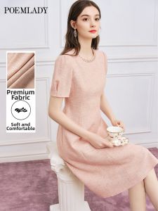 POEMLADY | Nail Beads Short Sleeves Pink Dress Mid-Length