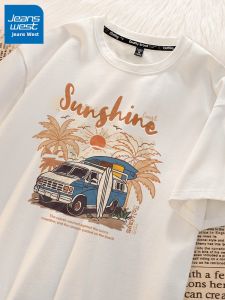 Jeanswest Pure Cotton Loose Casual Short Sleeve T-Shirt Youth Summer Fashion Print round Neck Casual Wear for Teens