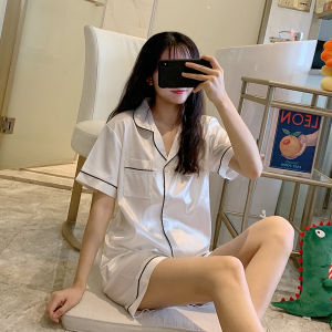 Summer White Pajamas Womens Ice Silk Thin Short-Sleeved Shorts Two-piece Set Real Silk for Wedding Plus Size Cardigan
