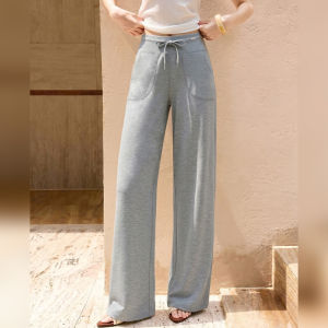 High Waist Loose Leg Grey Slim Long Pants