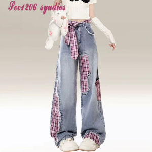 American Retro Plaid Splicing Butterfly Knot Tie Waist Jeans Women High Street Design Loose Straight Leg Wide Leg Long Pants