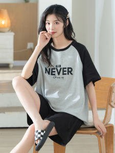 Pure Cotton Summer Sleepwear Womens Lightweight Home Clothes Outdoor Wearable Short Sleeve round Neck Print Comfortable Pajamas