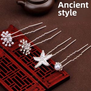 Elegant Pearl Hairpin U-Shaped Clip Traditional Hanfu Hair Accessories Vintage Floral Design Crystal Embellished Hair Comb