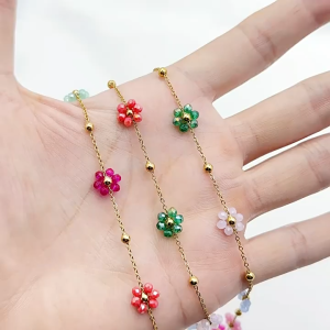 Retro Colorful Crystal Flower Beaded Titanium Steel Necklace Dopamine Jewelry Set Chain
