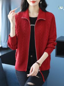 เสื้อคาร์ดิแกนถักขนสัตว์คอปกปิดซิปสำหรับผู้หญิง ทรงสั้น ทรงหลวม แฟชั่นฤดูใบไม้ร่วง/ฤดูหนาว สีแดง เสื้อคลุมกันหนาวหนา