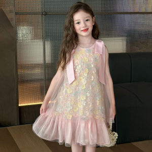 ZHILIAOCHENGZHANGJI | Sweet Style Pink Sequin Floral Lace Vest Dress