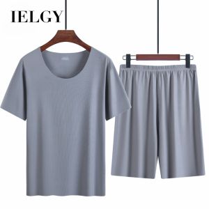 IELGY กางเกงขาสั้นผู้ชายพิมพ์ลาย Pakaian Rumahan เสื้อยืดผ้าไหมน้ำแข็งชุดบางฤดูร้อน