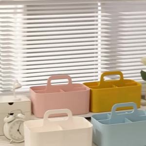 3-Compartment Desktop Storage Box with Handle Portable Makeup Caddy Organizer for Countertop Skincare Office Stationery Bin