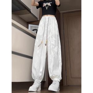 WANGGONGZHU | กางเกงขากว้างเอวสูงทรงหลวมสไตล์จีนใหม่สำหรับผู้หญิง กางเกงขายาวทรงหลวมขากระบอกเล็กบางๆ ฤดูร้อน 2025 ลำลอง สวมใส่สบาย