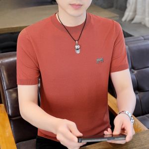 HENGYUANXIANG | Hengyuanxiang Mens Short Sleeve T-Shirt Round Neck Knitted Ice Silk Cool Feeling Summer Fashion Basic Shirt Standard Fit Modern Style