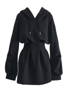 ชุดเดรสสั้นทรงฮู้ดสไตล์สตรีทสุดเท่สำหรับผู้หญิง ชุดเดรสทรงเอเอวสูงสไตล์เกาหลี ผ้าโพลีเอสเตอร์ แขนยาว ฤดูใบไม้ร่วง/ฤดูหนาว