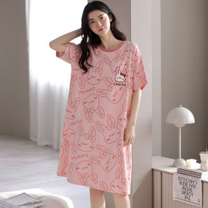 Miiow | Pure Cotton Cat Girl Sleepwear Short Sleeve Dress Cute Cartoon Print Home Clothes Womens Summer Lightweight Round Neck Dress