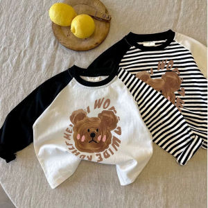 Cartoon Bear Letter Print Long Sleeve Pure Cotton T-Shirt Boys Girls Fashionable Striped Base Shirt Trendy Cool Loose Fit Spring Autumn