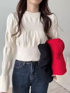 FRAN Korean Style Round Neck Lantern Sleeve Sweater Sweet Slim Fitting Long Sleeve knitted Top