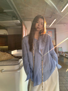 Áo Sơ Mi Chống Nắng Mùa Hè Cho Nữ Dáng Rộng Tay Dài Họa Tiết Sọc Xanh Phong Cách Pháp Dáng Rộng Thoải Mái