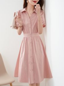 Pink French Style Shirt Dress Womens Summer New High Waist Slimming Elegant Skirt Cotton Short Sleeve Polo Collar A-Line Dress
