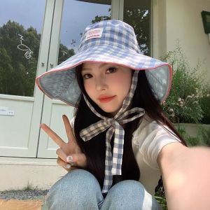 HUIESON Topi Bucket ในฤดูร้อนที่น่ารักที่มีลายสก๊อตสำหรับผู้หญิง