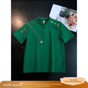 OUMULONG | Green Dye Embroidered Summer Ethnic Style Heavyweight Polo Shirt 5/8 Sleeves