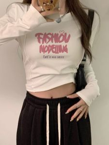 Slim Fit Short Sleeve round Neck Base Shirt Womens Early Spring Design Spicy Girl Fishbone Pattern Long Sleeve T-Shirt