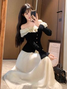 Elegant Knitted One Shoulder Top And Mesh Skirt Two Piece Set Beautiful Spring Autumn Womens Fashion Ensemble Polyester