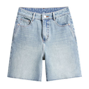 SIUBRAND | กางเกงขาสั้นผ้ายีนส์ยีนส์ทรงตรงเอวสูงสำหรับผู้หญิงในช่วงฤดูร้อน กางเกงขายาวทรงหลวมสบาย ๆ ขอบขนนุ่ม สไตล์ลำลอง