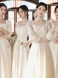 ชุดสาวต้อนรับงานแต่งงานสีแชมเปญ แขนยาว ผ้าซาติน ทรงสลิมฟิต ชุดเจ้าสาว ชุดราตรี ชุดเดรสยาว ชุดแฟชั่นฤดูหนาว