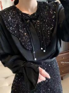 4181 New Chinese Style Sequin Bell Sleeve Shirt Spring Fashion Sweet Womens Doll Collar Buckle National Style Shirt