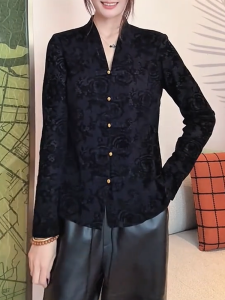 QINGNAER | Traditional Chinese Jacquard Design Plus Size Long Sleeve Shirt Black