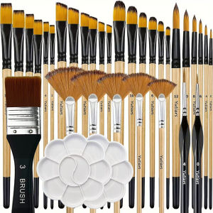 32Pcs Yutiars Paint Brush Set with 2 Palettes Artist Series Nylon Bristles Round Flat Fan Angle Detail Brushes for Art Painting
