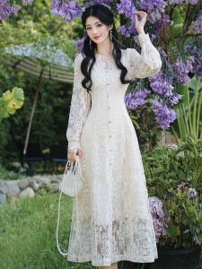 French Style Beautiful Lace Wedding Dress Slim Fit A-Line Skirt Long Sleeve V-Neck Zipper Closure Wedding Ceremony Dress