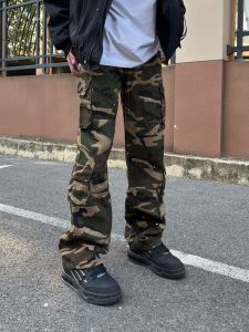 กางเกงทำงานลายพรางทรงหลวมสไตล์อเมริกันสำหรับผู้ชาย กางเกงขายาวทรงตรง กางเกงขายาวลำลองสำหรับใส่ไปทำงาน