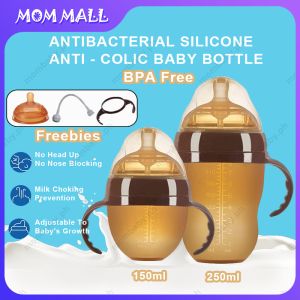 Silver Ion Antibacterial Baby Bottle Nano Silicone Baby Wide-Bore Cup Anti-Colic Baby Feeding Bottle With Straw+Handle